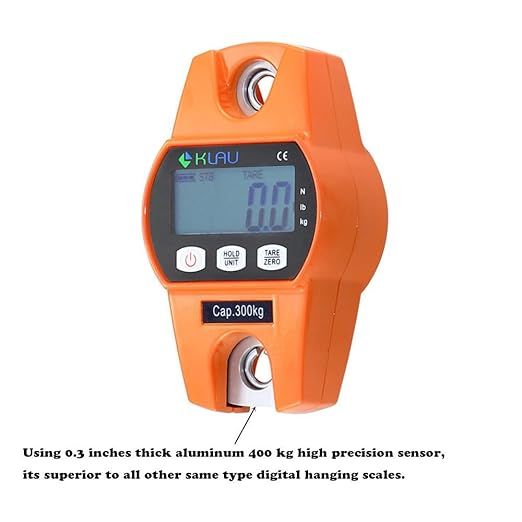 Klau Digital Hanging Scale High Precision Sensor 300 kg / 600 lb OCS-L Heavy Duty Industrial Crane Scales Smart Hoist Orange for Home Indoor Farm Factory Hunting Outdoor