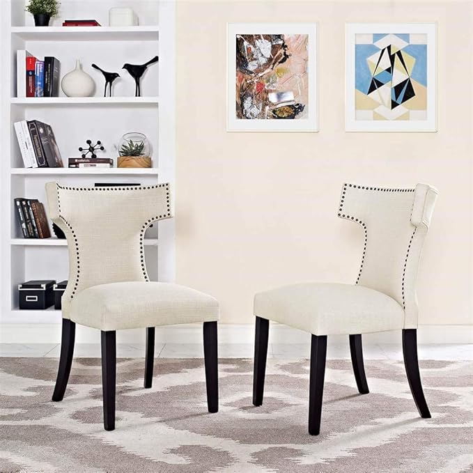 Modway Curve Mid-Century Modern Upholstered Fabric Two Dining Chair Set With Nailhead Trim In Beige