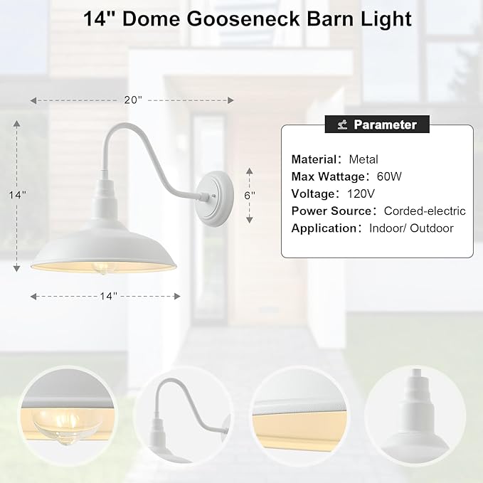 2 Pack 14in Barn Gooseneck Lights for House, White Outdoor Farmhouse Wall Light Fixture for Porch, Exterior Patio Wall Sconce for Front Door, Garage