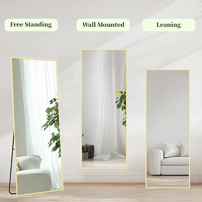 Gold Full Length Mirror, Standing Mirror Full Length with Aluminum Metal Frame, Body Mirrors for Bedroom, Living Room, Yoga Room, Gym. (56x18 inch, Gold)