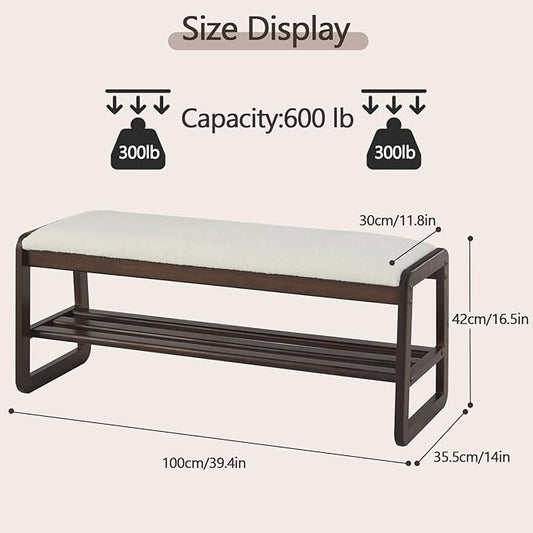 Shoe Rack Bench,2 Tier Solid Wooden Entryway Bench with Shoe Storage, Shoe Rack with Cushion for Living Room, Hallway(Cream White, 39.4")