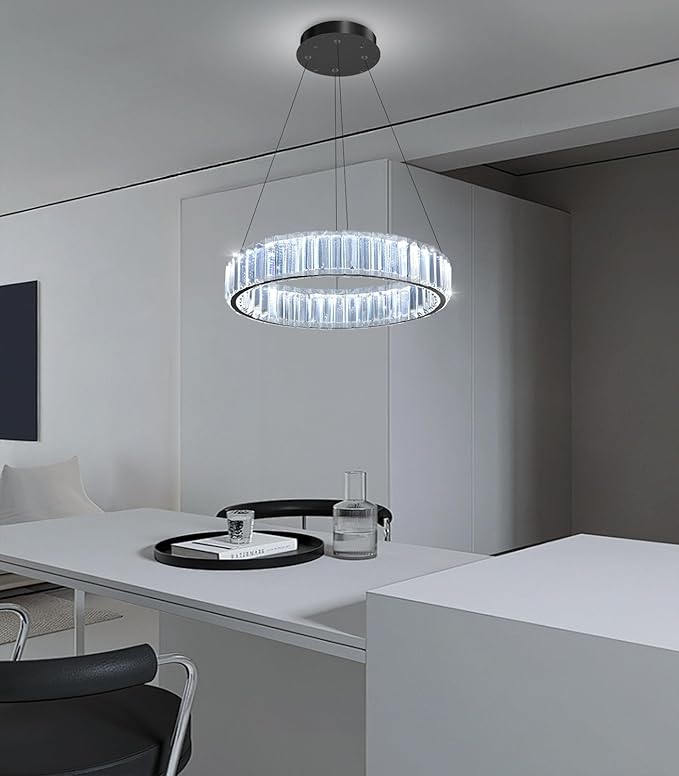 8'' Modern Ring Chandelier Crystal Chandeliers for Dining Room Round LED Dimmable Ceiling Light Fixture for Living Room Bedroom Lighting Black