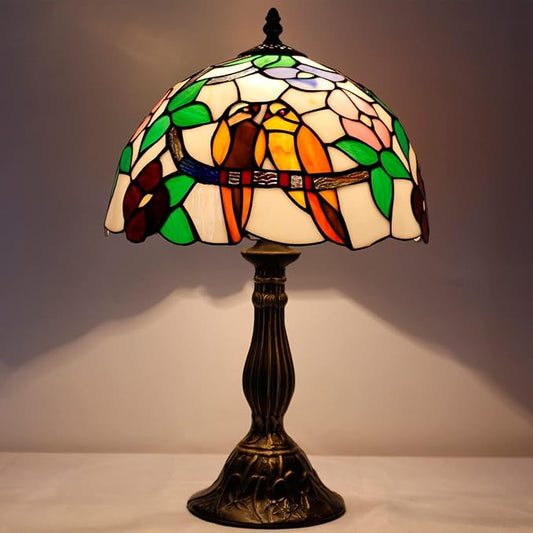 WERFACTORY Tiffany Table Lamp Stained Glass Bedside Lamp Double Tropical Birds Desk Reading Light 12X12X18 Inches Decor Bedroom Living Room Home Office S803 Series