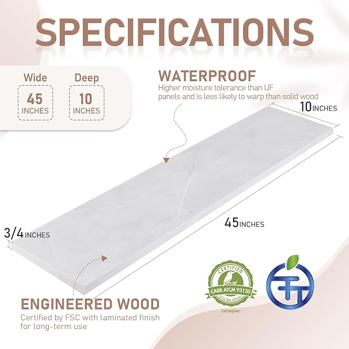 Kaboon 45 inch Long 10 inch Deep Floating Shelves for Wall Set of 2, Large Open Shelves Wall Mounted, Space Saving Home and Commercial Use, White Rock