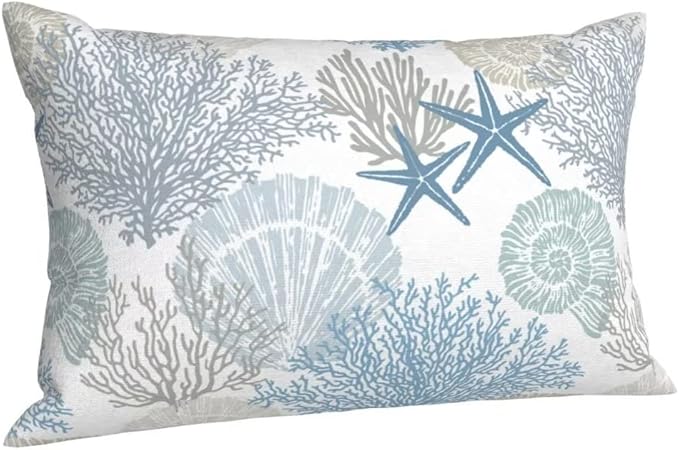 BETGINY Summer Coastal Throw Pillow Cover 12X20 Inch Pack of 2, Beach Seashell Starfish Themed Pillow Covers Square Cotton Ocean Pillow Cases Cushion for Bedroom Home Sofa Decoration