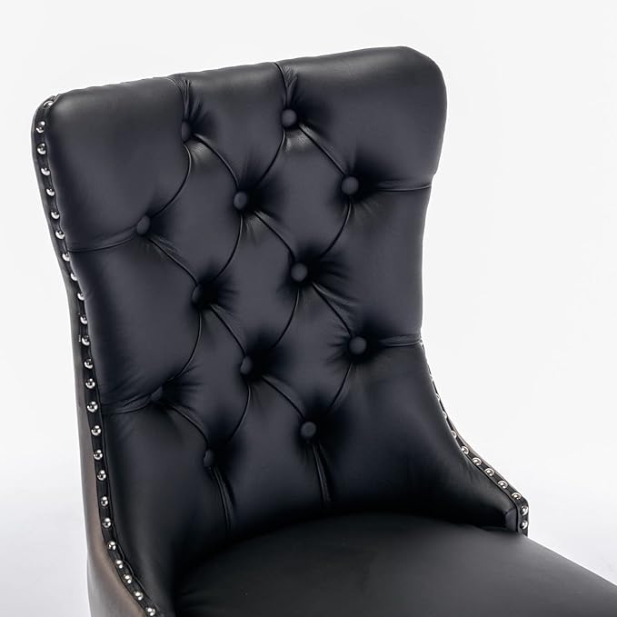 2-Pcs Set PU and Velvet Upholstered Dining Chair with Wood Legs,Nailhead Trim Modern Upholstered Side Chair W/Button Back Ring,for Sitting Room,Apartment,Black+Gray