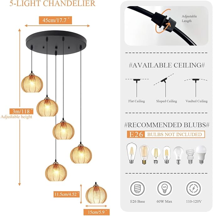 5-Light Glass Long Chandeliers for High Ceilings, Mid Century Modern Staircase Chandelier Lighting with Amber Globe Glass Shade Cluster Pendant Light for Foyer Living Room Entryway, Adjustable