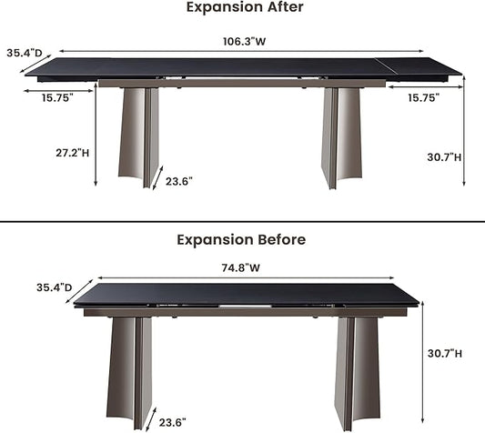 Extendable Dining Table for 8-12 Seat, Flexible Stretch, Tabletop Made from Rock Plate and Tempered Glass, Stable Stainless Steel Brushed Table Legs, 35.4"D x 106.3"W x 30.7"H, Pure Black