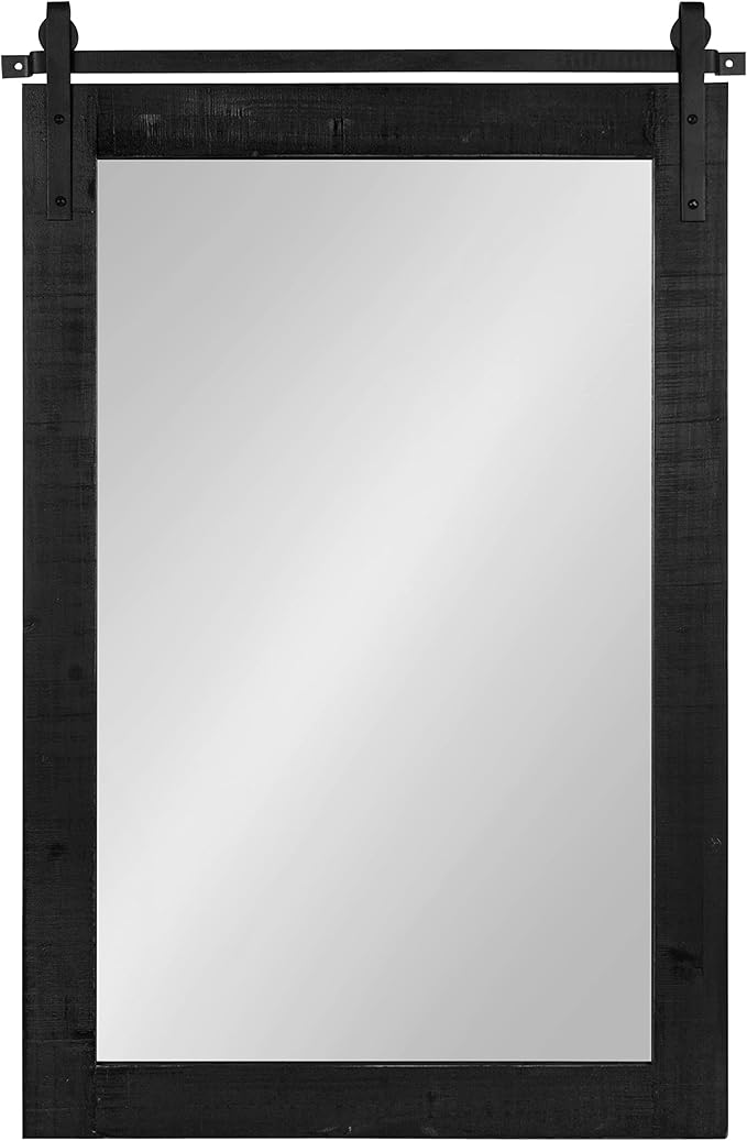 Kate and Laurel Cates Rustic Wall Mirror; 24 x 38; Black; Distressed Farmhouse Wall Decor with Rolling Barn Door Design