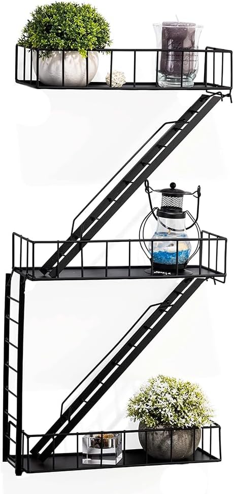 Fire Escape Wall Shelf - 3 Tier Trinket & Action Figure Display with Screwdriver & Screws, Unique Rustic Floating Action Figure Display for Bathroom & Living Room & Home Decor (3 Tier, 1)