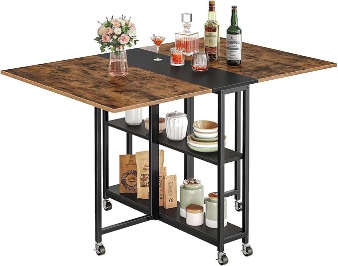 Folding Dining Table and Round Side Table,Movable Dining Table, Expandable Kitchen Table,2-Tier End Table, Small Round Nightstand with Sturdy Metal Tube TCZ01BF-TBZ01BF
