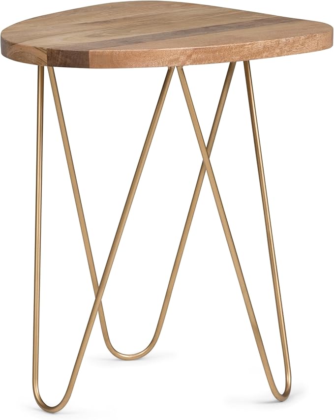 SIMPLIHOME Patrice Metal Table - 18 inch Wide Solid Wood and Metal Round Side Table in Natural and Gold, Mid-Century Modern Accent Table for Living Room or Bedroom with Hairpin Legs