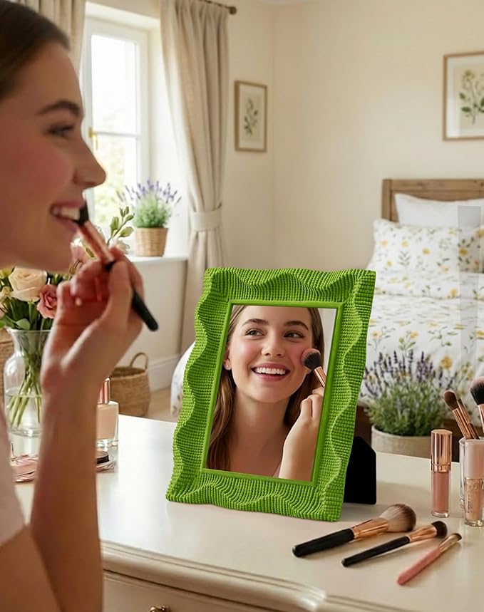 Nature-Inspried Mirror Wall Decor for Bedroom Hallway Guest Room, 7.5x5.7 Decorative Makeup Mirror with Flocking Finish for Desk Gallery Wall, Warm Gift for New Homeowners (Lawn Green)