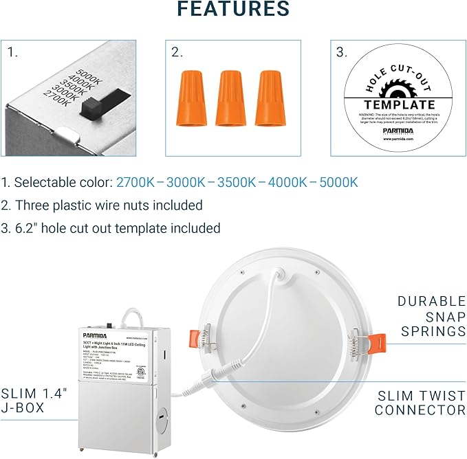 PARMIDA (6 Pack) 6 Inch 5CCT LED Recessed Ceiling Light with Night Light, 2700K/3000K/3500K/4000K/5000K Selectable Ultra-Thin Lighting, 15W, Dimmable Canless Wafer Slim Panel Downlight, IC Rated, ETL