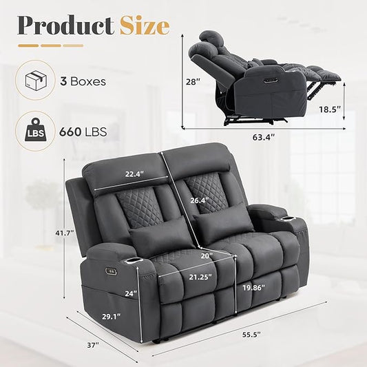 2-Piece Power Reclining Sofa Set, 3-Seater Sofa with Drop-Down Console & 2-Seater Loveseat, Zero Wall Hugger Electric Recliner Couch with Adjustable Headrest, AC Outlets (Gray, Loveseat)