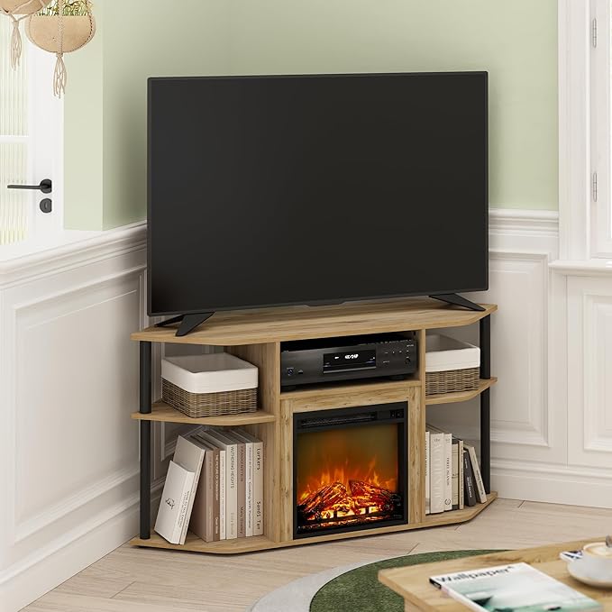 Furinno Jensen Fireplace TV Stand, Corner Entertainment Center, TV Console for TV up to 55 Inch with Fireplace, Plastic Poles and Open Storage, for Living Room, Bedroom, Flagstaff Oak