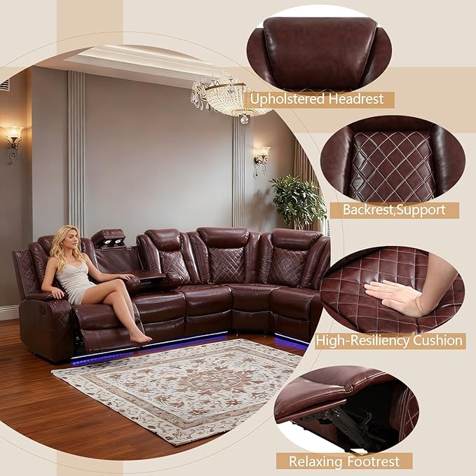 Power Leather Recliner Sectional Sofa with LED Light,L Shaped Reclining Couch with USB Charger/Cup Holder/Storage,Leather Sofa for Living Room/Home Theater(Burgundy,Sectional+3 Seats)
