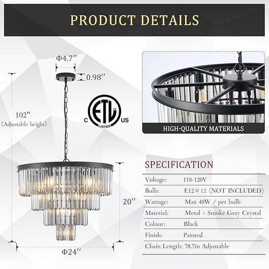 24”Modern Black Crystal Chandeliers Ceiling Round Smoke Gray Crystal Chandelier Luxury 4-Tier 12 Lights Pendant Light Fixture Contemporary for Dining Room Foyer Staircase Living Room