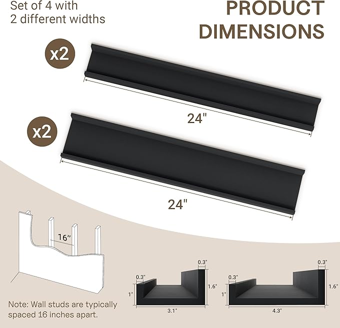 Fun Memories Picture Ledge Shelf - 24 Inches Floating Shelves Set of 4 - Floating Shelves with Lip for Storage - Wood Bookshelf Wall Mounted for Bedroom - Living Room - Kitchen - Black Color
