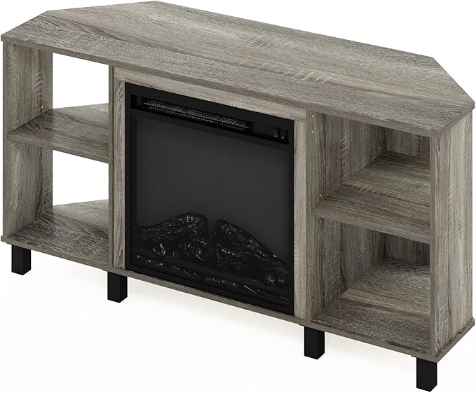 Furinno Jensen Corner Fireplace TV Stand with 4 Open Compartments for TV up to 55 Inches, French Oak Grey