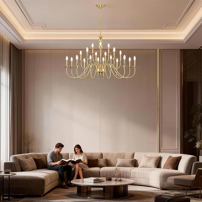 Large Gold Chandeliers for Dining Room Light Fixture, 21 Light 3 Tier Farmhouse Chandelier Over Table, Industrial Candle Hanging Lighting Fixture for Living Room Foyer Staircase Restaurant Villa