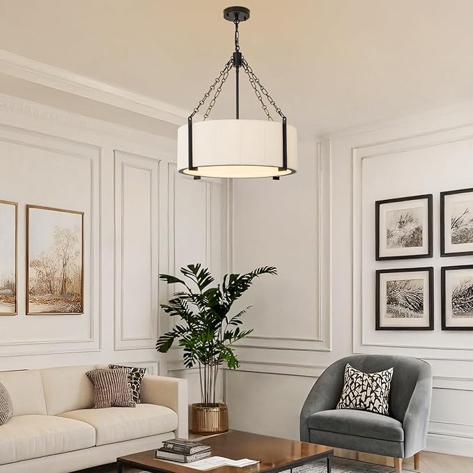 21" White Rattan Chandelier, 5-Light Large Boho Woven Cotton Rope Pendant Light Fixture with Adjustable Chain, Coastal Drum Chandeliers for Dining Room Living Room Kitchen Bedroom Foyer Entryway