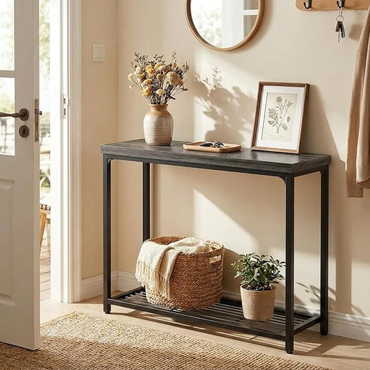 32" Small Console Table, 2-Tier Narrow Entryway Table, Sofa Table with Mesh Shelves, Console Tables for Living Room, Hallway, Entryway, Farmhouse Console Table with Storage, Oak Grey