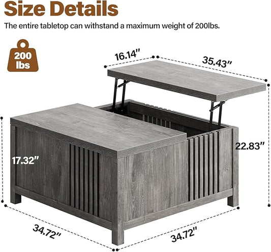 Farmhouse Lift Top Coffee Table with Storage, 35" Square Large Coffee Table with Hidden Compartment, Rustic Wood Center Table for Living Room, Grey Oak