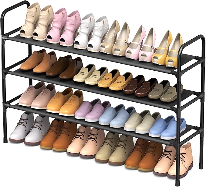 Long Shoe Rack for Closet - 3 Tier Shoe Organizer Storage for Entryway, Front Door Entrance, Metal Frame, Non-Woven Fabric Shelves, 10.8“ D x 40.2” W x 25.8” H