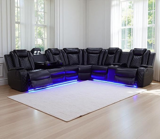 Power Recliner Sofa Sectional Couches with LED Light,Leather Reclining Corner Sectional Sofa Set with 2 Recliner Seats,Cup Holder,Storage Console for Living Room,Black