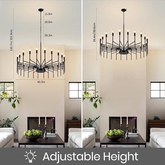 Black Chandelier 24 Light Large Modern Farmhouse Chandeliers for Dining Room Light Fixture, 40" Round Candle Large Chandeliers for High Ceilings Living Room Foyer Entryway