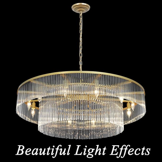 Modern Glass Chandelier Gold Chandeliers for High Ceiling Foyer Entryway Hanging Large Light Fixture for Grand Living Room Hall 39"