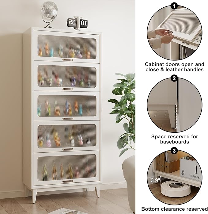 71'H Solid Wood Bookcase,5 White Book case with Glass Doors,Wooden Pantry Cabinet for Kitchen,Freestanding Display Storage Shelves for Collectibles, Living Room Bedroom Home Office
