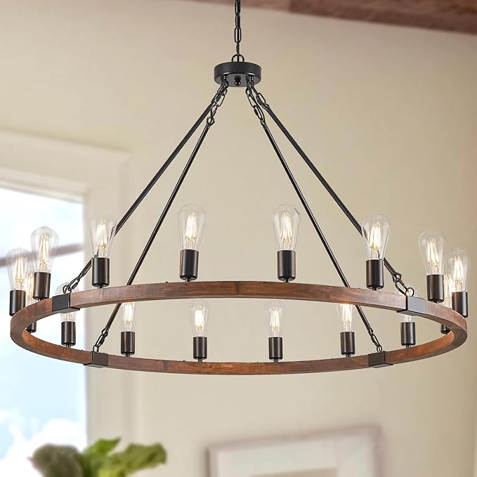 16 Lights Farmhouse Wagon Wheel Chandelier 43.3'' Rustic Wooden Light Fixture Black Round Chandelier Industrial for High Ceiling Living Dining Room Foyer Villa