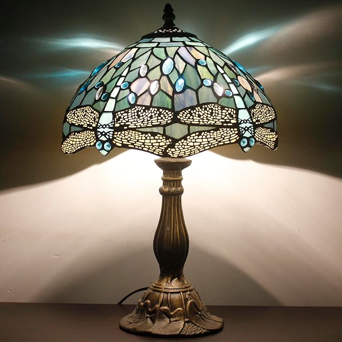WERFACTORY Tiffany Lamp Sea Blue Stained Glass Table Lamp 12X12X18 Inches Dragonfly Style Desk Reading Light S147 Series