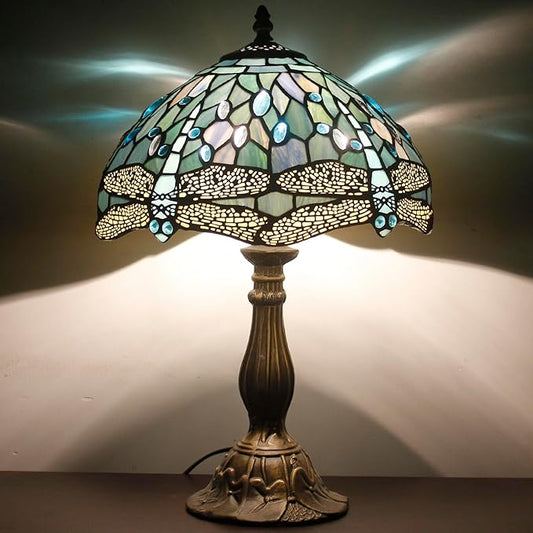 WERFACTORY Tiffany Lamp Sea Blue Stained Glass Table Lamp 12X12X18 Inches Dragonfly Style Desk Reading Light S147 Series