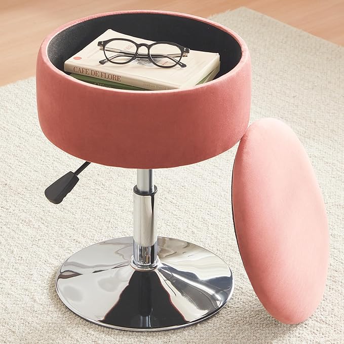 Adjustable Ottoman Stool Pink Vanity Stool Vanity Chair for Makeup Room Stool Chair for Vanity Stool with Storage Makeup Stools with Storage Swivel Makeup Chair for Bathroom Velvet