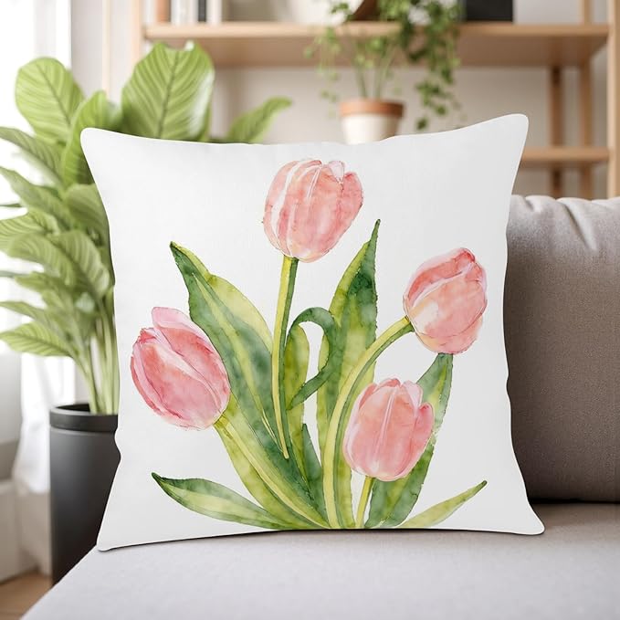Spring Floral Pillow Covers 20x20 Set of 2 Pink Tulip Throw Pillow Covers Summer Flower Farmhouse Decorative Throw Pillows for Home Couch Sofa Bed Decor