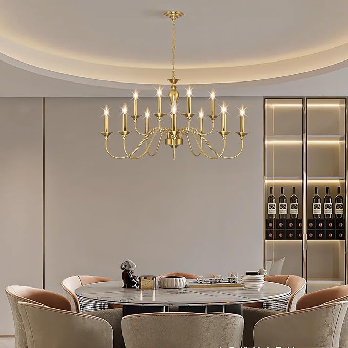 12 Light Gold Farmhouse Chandeliers for Dining Room Light Fixtures Over Table,Industrial Candle Hanging Chandelier for Living Room Foyer Staircase Bedroom Kitchen Island Restaurants