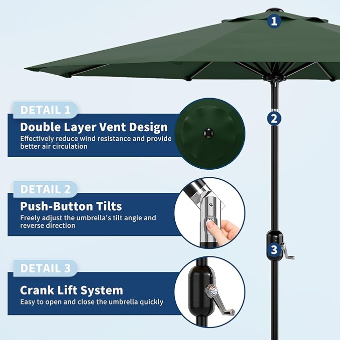 Garvee 9FT Patio Umbrella - Outdoor Table Umbrella with Crank Lift & Push Button Tilt - Market Umbrella 8 Sturdy Ribs UV Protection for Pool, Deck, Yard, Garden - Dark Green