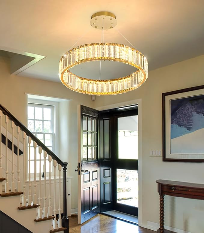 16'' Modern Ring Chandelier Crystal Chandeliers for Dining Room Round LED Dimmable Ceiling Light Fixture for Living Room Bedroom Lighting Gold