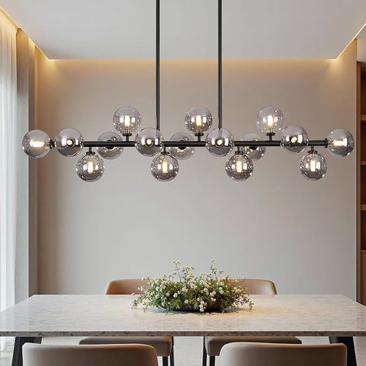 Modern Chandeliers for Dining Room Kitchen Island, 55" Long Large Linear Sputnik Globe Chandelier, 16-Light Mid Century Modern Light Fixture Over Table, Black and Smoke Grey Bubble, GC-08
