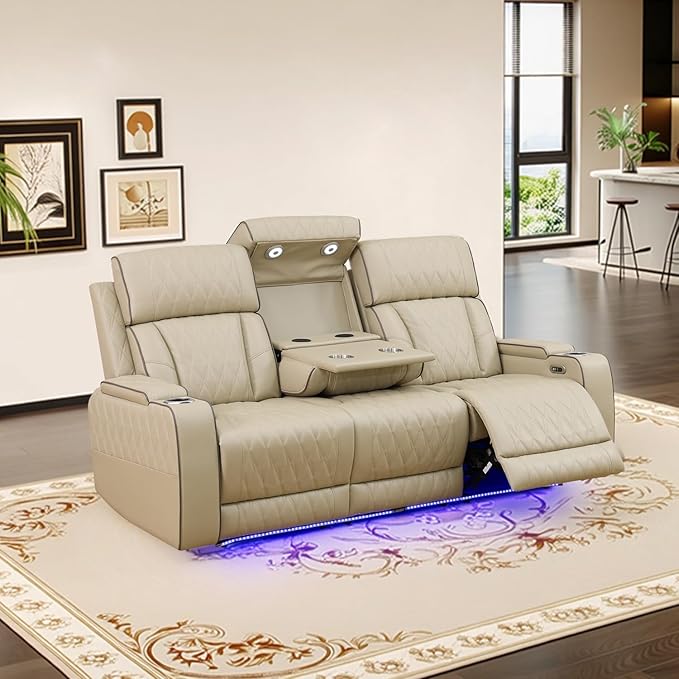 Power Leather Reclining Sofa with LED Light,Double Recliner Sofa with Drop Down Coffee Table/USB Port/Storage,3 Seater Leather Couch for Living Room Furniture Sets(3 Seats,Beige)