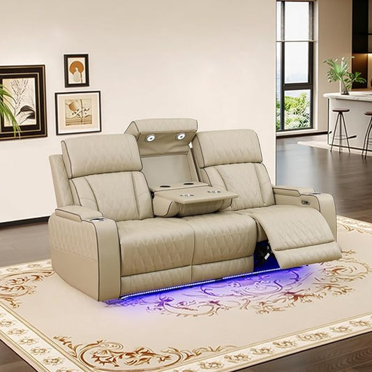 Power Leather Reclining Sofa with LED Light,Double Recliner Sofa with Drop Down Coffee Table/USB Port/Storage,3 Seater Leather Couch for Living Room Furniture Sets(3 Seats,Beige)
