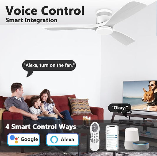 52 Inch Smart Low Profile Ceiling Fans,Solid Wood Outdoor Indoor Ceiling Fan with Lights Remote,WIFI Alexa App Control,Quiet DC Motor,Dimmable LED,Modern Flush Mount Fan for Bedroom Patio,White
