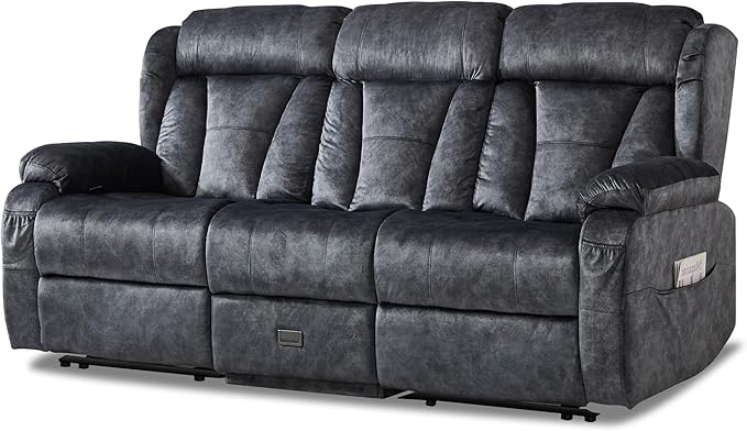 77.2" Manual Reclining Loveseat Sofa - Wall Hugger 3 Seat Loveseat Recliner with Console, Fold-Down Table and Built-in Outlets, Recliner Couch for Living Room RVs Home Theater Seating(Gray, 3 Seater)