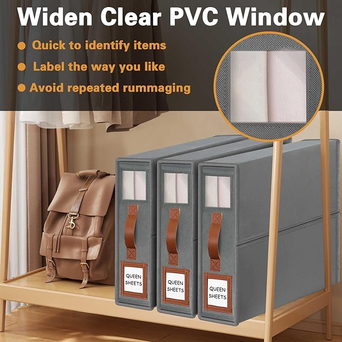 GhvyenntteS 8 Pack Bed Sheet Organizers and Storage (Queen & King Size), Foldable Sheet Organizers and Storage with Window and Label, Bed Sheet Organizer with Leather Handle, Grey
