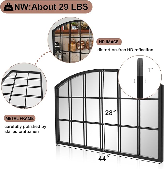 Arched Window Mirror, Matte Black Window Pane Mirror, Grid Metal Frame Arch Mirrors, Windowpane Wall Decorative Mirrors for Living Room, Entryway, 44" x 28"