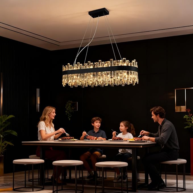 Black Crystal Chandeliers for Dining Room, 20 Lights Modern Oval Chandelier for Lining Room, Rectangular Crystal Pendant Light Fixture for Kitchen Island Bar L36 Inch