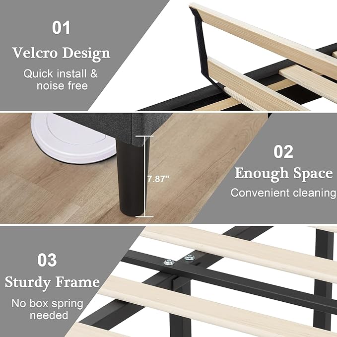 VECELO Full Upholstered Platform Bed Frame with Adjustable Button Stitched Panel Headboard,Strong Wood Slat Support,Velcro Design,Mattress Foundation/Easy Assembly,Grey